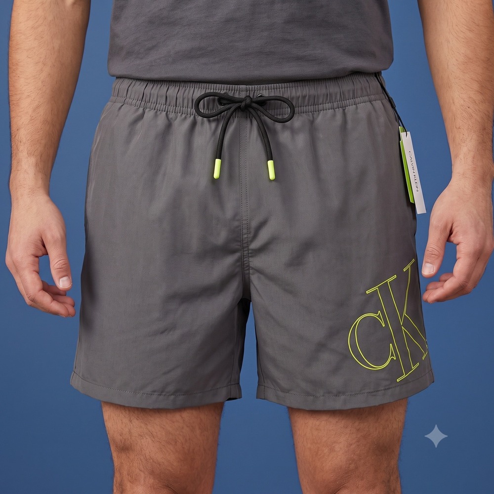 Calvin‎ Klein Swimwear Mens XXL Grey Yellow Logo Quick Dry Mesh Lined Trunks NWT